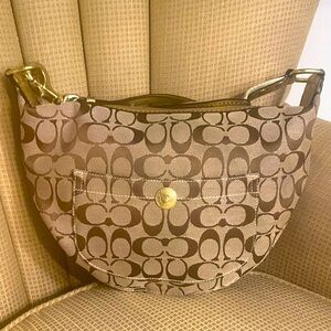 Coach Tan and Gold Shoulder Bag with Signature Pattern